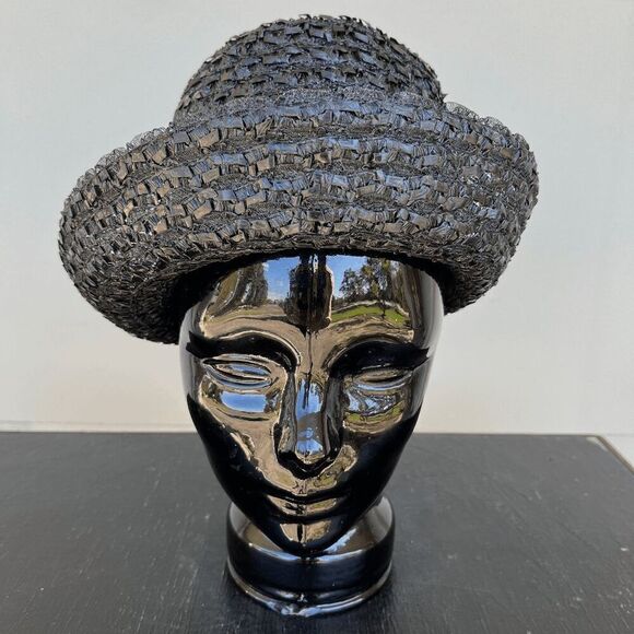 Vintage 50s Black Straw Cloche Hat • Grosgrain Bow, Up-Turn Brim - Picture 5 of 13